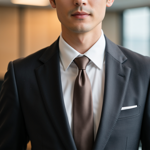三十岁左右男性正装照，深色西装，白色衬衫，浅蓝色领带，背景为办公室环境，正面直视镜头